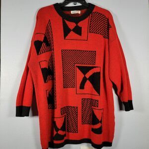 Vtg 80s Pandora Geometric Sweater Red Abstract Retro Knit Oversized Pop Art L/XL